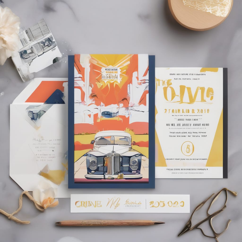 Happy couple with custom wedding invite and save-the-date